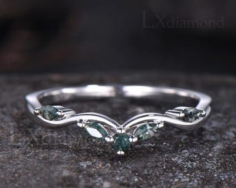 Dainty Marquise And Round Green Moss Agate Curved Wedding Band Aquatic Agate Matching Ring Silver Stacking Bridal Ring Gift For Women