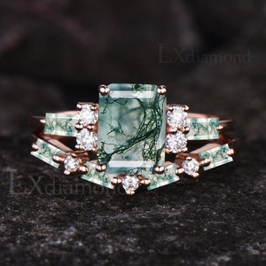 Emerald Cut Natural Green Moss Agate Engagement Ring Set Unique Green Agate Wedding Band Art Deco Green Gemstone 2pcs Bridal Ring Set Women
