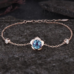 Minimalist Round Cut June Birthstone Alexandrite Engagement Bracelet Unique Nature Inspired Rose Flower Bracelet Dainty Three Stone Bracelet