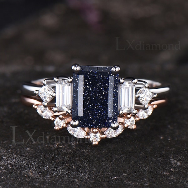 Art Deco Emerald Cut Blue Sandstone Engagement Ring Set Unique Baguette Moissanite Five Stone Wedding Ring Galaxy Healing Jewelry Gift Women