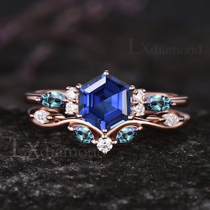 Hexagon Cut September Birthstone Blue Sapphire Engagement Ring Set June Birthstone Alexandrite 7 Stone Ring Art Deco 2pcs Bridal Ring Set