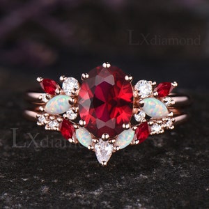 Vintage Oval Ruby Engagement Ring Set Unique Opal Moissanite Cluster Wedding Ring Art Deco 14k Rose Gold July Birthstone 2pc Bridal Ring Set