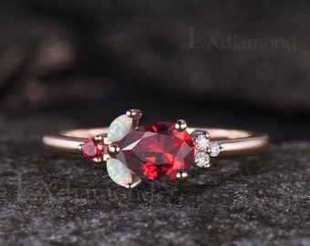 Feine Pear Cut Rubin Versprechen Ring Einzigartige Moissanite Opal Cluster Ring Vintage 14k Rosegold Juli Birthstone Rubin Jahrestag Ring Frauen