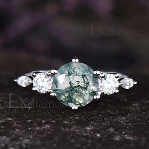 Vintage Round Cut Natural Moss Agate Engagement Wedding Ring Unique 14k White Gold Moissanite Five Stone Ring Art Deco Birthday Bridal Ring