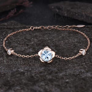 Unique Nature Inspired Rose Flower Bracelet Delicate Round Cut Natural Aquamarine Bracelet Art Deco March Birthstone Three Stone Bracelet