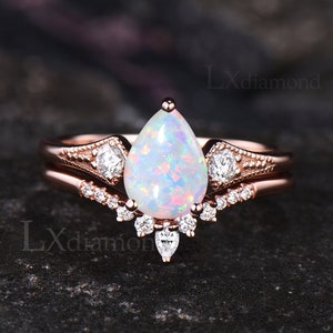 White Opal Engagement Ring Set Milgrain Pear Cut Opal Moissanite Three Stone Wedding Ring Vintage Rose Gold 925 Sterling Silver Promise Ring