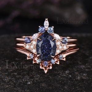 Galaxy Oval Cut Blue Sandstone Engagement Ring Set Unique Celtic Knot Ring Moissanite Alexandrite Ring Art Deco 14k Rose Gold Healing Ring