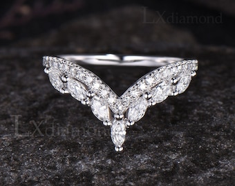Moissanite wedding band,marquise diamond band,solid 14k white rose gold/platinum curved V stacking rings,unique moissanite wedding ring