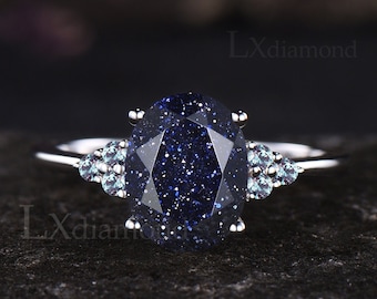 Galaxy 7x9mm Oval Cut Blue Sandstone Engagement Wedding Ring Unique June Birthstone Alexandrite Ring Art Deco Cluster Healing Jewelry Women
