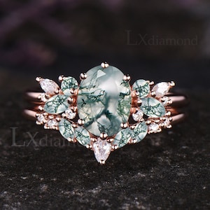 Unique Oval Cut Moss Agate Engagement Ring Set Vintage Moissanite Cluster Wedding Ring 925 Sterling Silver Rose Gold 2pcs Bridal Ring Set