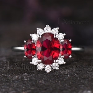 Antique Oval Cut Ruby Engagement Ring Vintage Moissanite Halo Wedding Ring Unique July Birthstone Ruby Three Stone Anniversary Gift Women