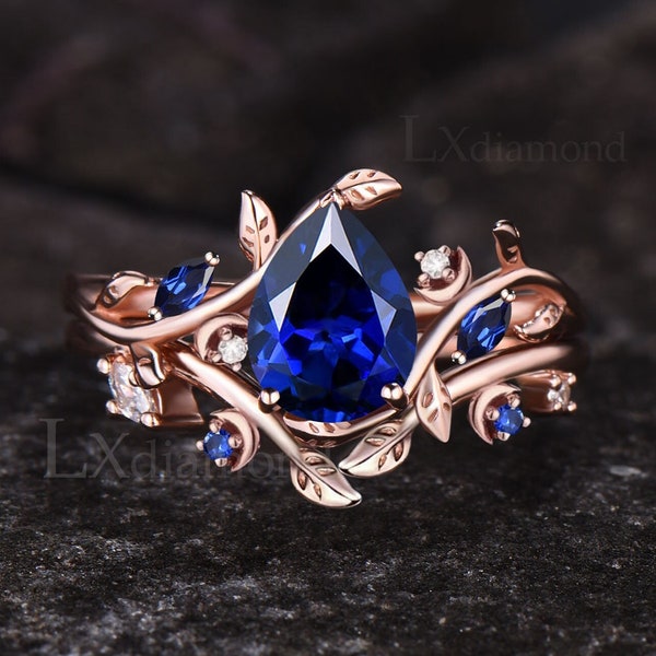 Unique Pear Cut Blue Sapphire Engagement Ring Set Delicate September Birthstone Blue Gemstone Ring Leaf Nature Inspired Ring Moon Ring Women