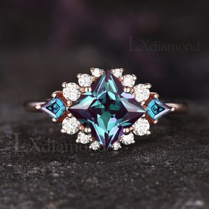 Unique Princess Cut June Birthstone Alexandrite Engagement Ring Art Deco Moissanite Alexandrite Halo Wedding Ring 14k Rose Gold Bridal Ring