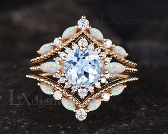 Milgrain Round Cut Natural Aquamarine Engagement Ring Set Vintage Marquise Opal Halo Moissanite Ring Antique V Shaped Wedding Band For Women