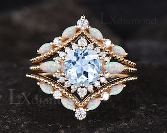 Milgrain Round Cut Natural Aquamarine Engagement Ring Set Vintage Marquise Opal Halo Moissanite Ring Antique V Shaped Wedding Band For Women