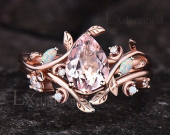 Unique Pear Cut Natural Pink Morganite Engagement Ring Set Women Leaf Nature Inspired Ring Moon Ring 14k Rose Gold Opal 2pcs Bridal Ring Set