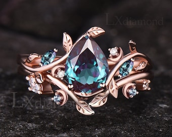 June Birthstone Pear Cut Alexandrite Engagement Ring Set Unique 14k Rose Gold Leaf Vine Twig Branch Nature Inspired Ring Moon Jewelry Gift