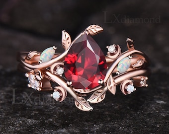 Unique Leaf Vine Twig Branch Nature Inspired Ring Set Art Deco Pear Cut Ruby Engagement Ring Set 14k Rose Gold Opal Moon Wedding Ring Women