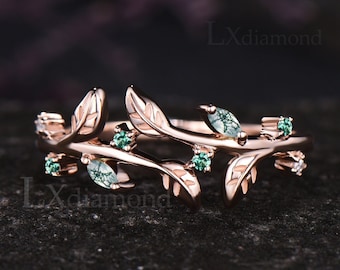 Marquise Moss Agate Round Emerald Wedding Band Leaf Vine Twig Branch Nature Inspired Wedding Ring Art Deco Green Gemstone Promise Gift Women