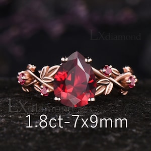Vintage July Birthstone Teardrop Ruby Engagement Ring Unique 14k Rose Gold Leaf Floral Vine Twig Branch Nature Inspired Ring Custom Gift