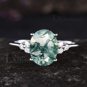Oval Cut Moss Agate Ring Unique White Gold 925 Sterling Silver Green Agate Engagement Ring Art Deco Moissanite Diamond 7 Stone Promise Ring