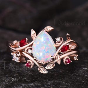 Vintage Pear Cut White Opal Ruby Engagement Ring 14k Rose Gold Nature Inspired Leaf Moon Wedding Boho Fire Opal Bridal Set Promise Ring Gift