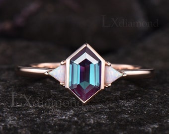 Labradorite Ring Gold Silver Hexagon Cut Blue Labradorite