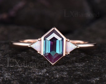 Unique Long Hexagon Cut Alexandrite Engagement Ring Art Deco October Birthstone Opal Three Stone Ring Vintage June Birthstone Bridal Ring