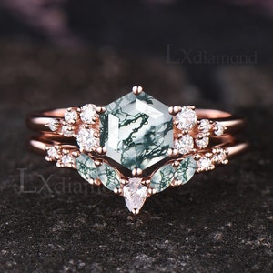 Unique Natural Moss Agate Engagement Ring Set Vintage Hexagon Green Agate Moissanite Cluster Wedding Ring Snowdrift 2pcs Bridal Ring Set