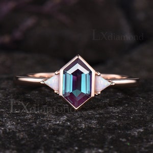 Unique Long Hexagon Cut Alexandrite Engagement Ring Art Deco October Birthstone Opal Three Stone Ring Vintage June Birthstone Bridal Ring