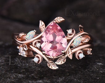 Anillo de compromiso de zafiro papalacha con corte de pera, anillo inspirado en la naturaleza de hoja única, anillo de luna de ópalo, zafiro Padparadscha, 2 piezas, anillo nupcial para mujeres