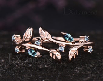 Vintage Leaf Nature Inspired Wedding Band Unique June Birthstone Alexandrite Wedding Ring Art Deco 14k Rose Gold Custom Birthday Jewelry