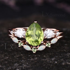 Pear Cut Natural Peridot Engagement Ring Set Vintage Opal August