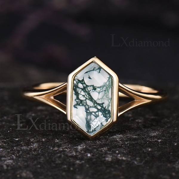 Unique Long Hexagon Cut Natural Moss Agate Solitaire Ring Vintage 14k Yellow Gold Green Agate Engagement Ring Art Deco Custom Jewelry Gift
