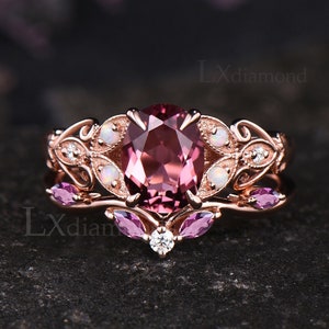 Milgrain Oval Cut Pink Tourmaline Engagement Ring Set Round Opal Butterfly Wedding Ring 14k Rose Gold October Birthstone 2pcs Bridal Set