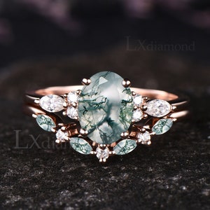 Unique Oval Cut Green Moss Agate Engagement Ring Set Vintage Natural Gemstone Seven Stone Ring Art Deco 14k Rose Gold 2pcs Bridal Ring Set