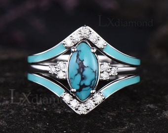 Marquise Cut Turquoise Engagement Ring Set Round Moissanite Enamel Drop Oil Ring Blue Gemstone December Birthstone 3pcs Bridal Ring Set