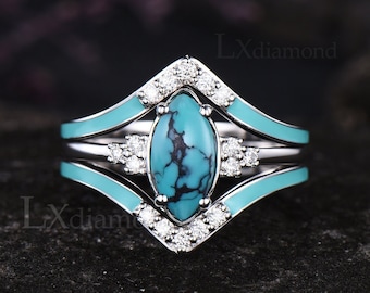 Marquise Cut Turquoise Engagement Ring Set Round Moissanite Enamel Drop Oil Ring Blue Gemstone December Birthstone 3pcs Bridal Ring Set