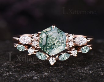 Anillo de compromiso de ágata de musgo verde de corte hexagonal único conjunto vintage de oro rosa de 14 k anillo de moissanita de plata de ley Art Deco 2pcs conjunto de anillos nupciales