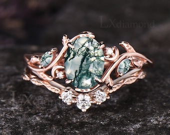 Oval Cut Natural Moss Agate Engagement Ring Set Unique Moon Leaf Floral Nature Inspired Ring 14k Rose Gold 2pcs Bridal Ring Set Women Gift