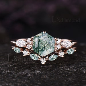 Unique Hexagon Cut Green Moss Agate Engagement Ring Set Vintage 14k Rose Gold Sterling Silver Moissanite Ring Art Deco 2pcs Bridal Ring Set