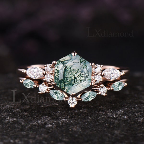 Ensemble unique de bagues de fiançailles en agate mousse verte de taille hexagonale vintage, bague en or rose 14 carats, argent sterling, moissanite, ensemble de 2 bagues de mariée Art déco