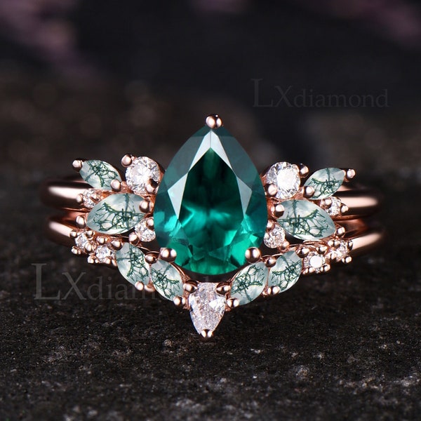 Vintage Pear Cut Emerald Engagement Ring Set Unique Marquise Moss Agate Cluster Wedding Ring Art Deco 14k Rose Gold 2pcs Bridal Ring Set