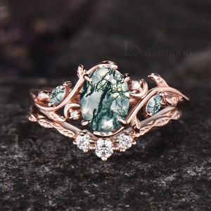 Oval Cut Natural Moss Agate Engagement Ring Set Unique Moon Leaf Floral Nature Inspired Ring 14k Rose Gold 2pcs Bridal Ring Set Women Gift