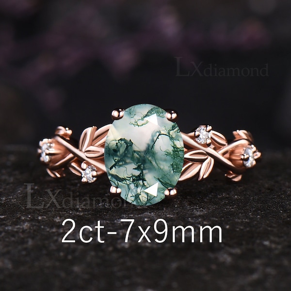 Leaf Floral Vine Twig Branch Nature Inspired Engagement Ring Unique Oval Cut Natural Moss Agate Wedding Ring Green Gemstone Five Stone Ring