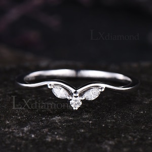 Unique Moissanite Diamond Wedding Band 925 Sterling Silver 14k White Gold Three Stone Ring Curved V Shaped Stacking Matching Band For Women