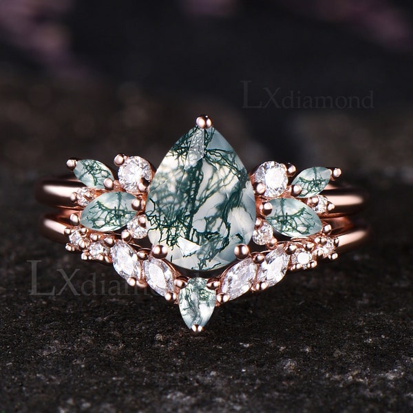 Conjunto único de anillo de compromiso de ágata musgosa en forma de lágrima, anillo de boda vintage con racimo de moissanita, oro rosa de 14k y plata de ley, 2 piezas.