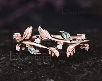 Unique Leaf Nature Inspired Wedding Ring Art Deco Marquise Cut Natural Moss Agate Round Cut Opal Wedding Band 14k Rose Gold Bridal Ring
