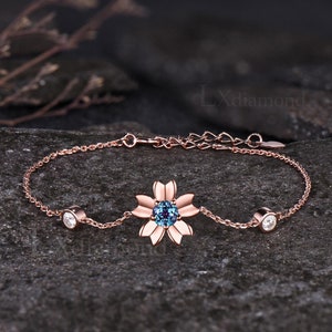 Minimalist Round Cut Alexandrite Bracelet Unique Nature Inspired Sakura Bracelet Three Stone Bracelet Flower Jewelry Cherry Blossom Bracelet