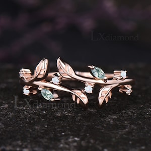 Unique Leaf Nature Inspired Wedding Ring Art Deco Marquise Cut Natural Moss Agate Round Cut Opal Wedding Band 14k Rose Gold Bridal Ring